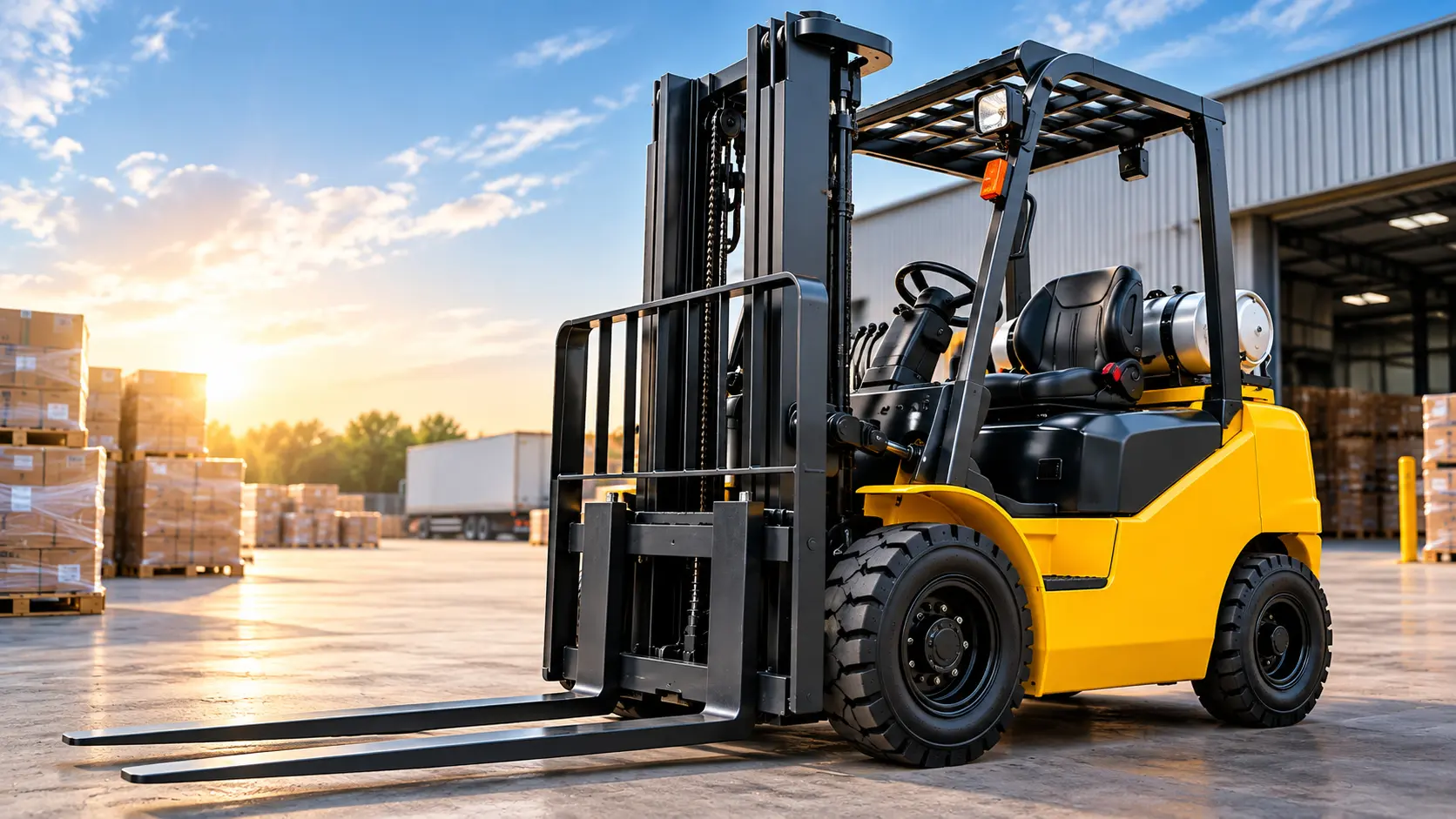 Counterbalance forklift loading pallets outside a warehouse